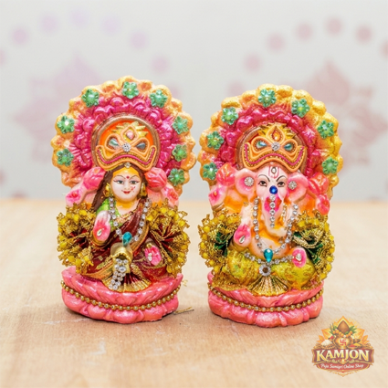  Vibrant Handcrafted Lakshmi Ganesha Idol Set with Gem  Accents
