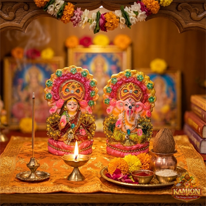  Vibrant Handcrafted Lakshmi Ganesha Idol Set with Gem  Accents