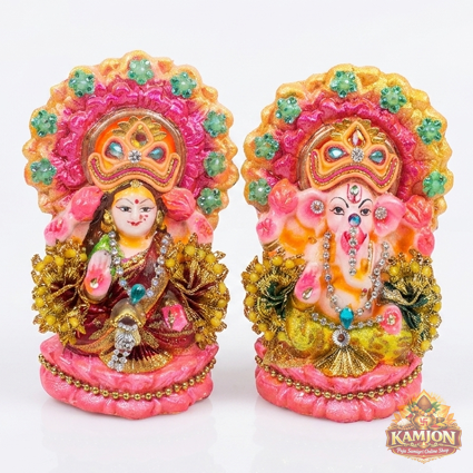  Vibrant Handcrafted Lakshmi Ganesha Idol Set with Gem  Accents