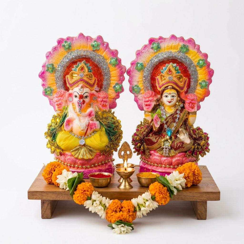 Premium Vibrant Laxmi Ganesha Idol Set with Shimmer Finish